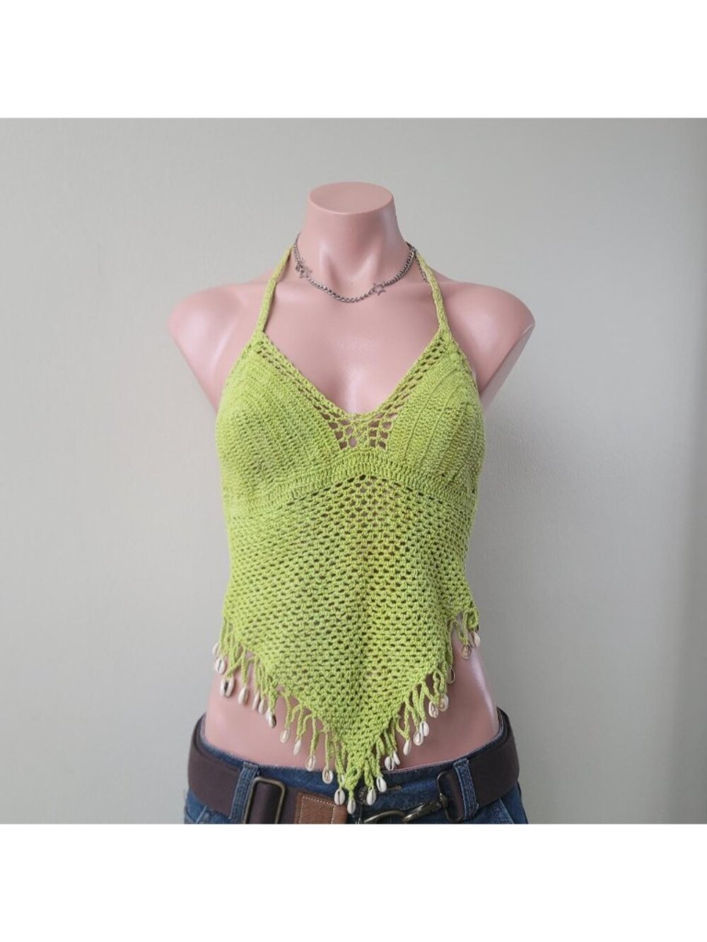 Green Crochet Halter Knit Seashell Ornament Festival Tank (One Size)